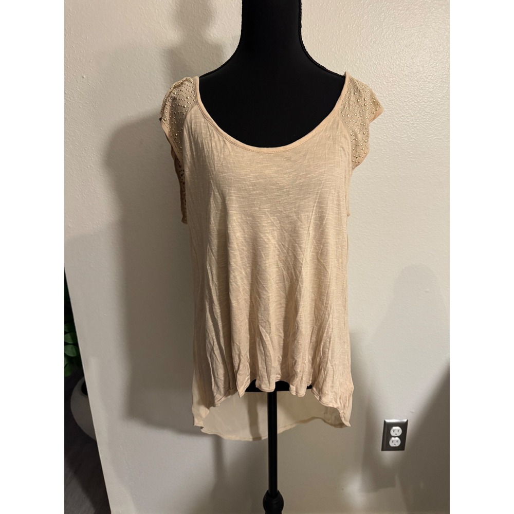 Heartsoul Beige Studded Shoulder High Low Top XL Tan Gold Studs Sheer Back